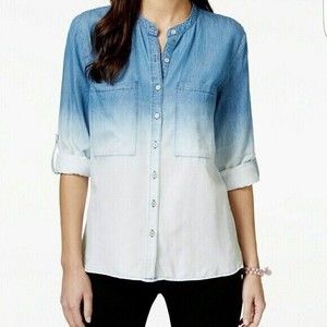 Women's Size M Chambray Ensenada Top Long Sleeve  Blue Ombre Patch Pockets